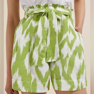 Anthropologie Preppy Green and White Linen Blend Breezy Summer Paperbag Shorts L